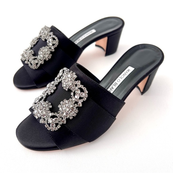 MANOLO BLAHNIK | Martanew Black Satin Jewel Buckle Mules EU 36 US 6 - Picture 1 of 13